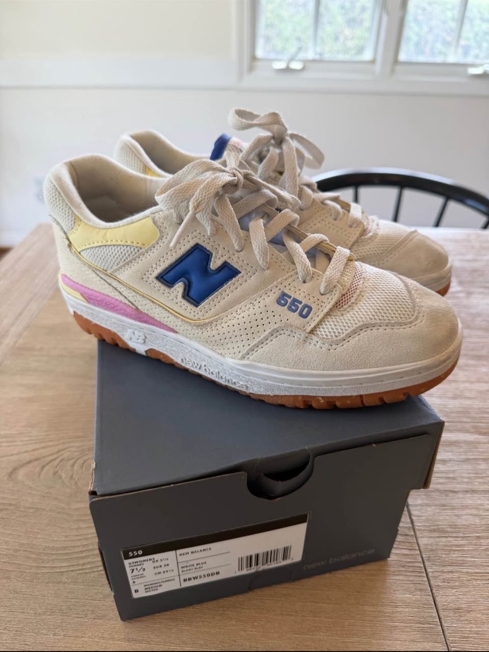 New Balance womens Beige Sneakers with Blue and Pastel Accents